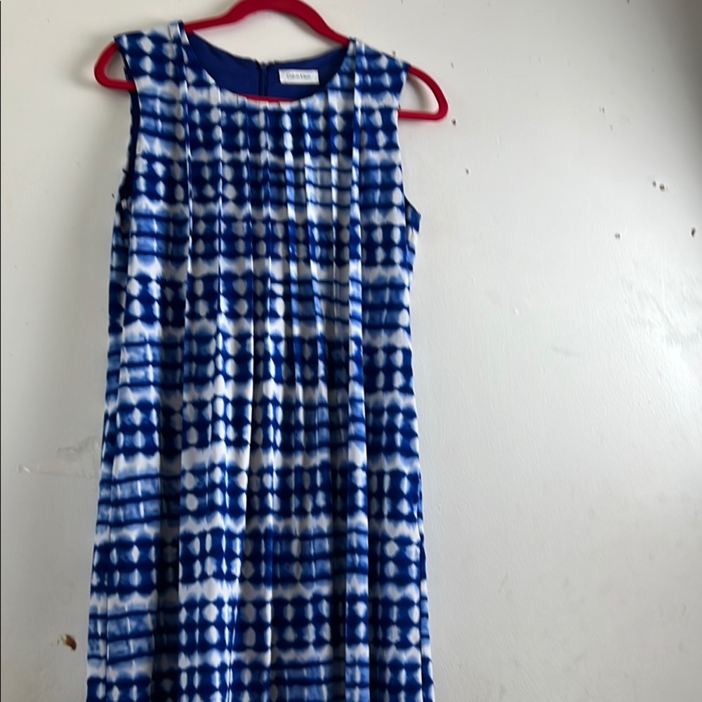 Calvin Klein tie dye blue and white pinch pleated A line tank knee length dress